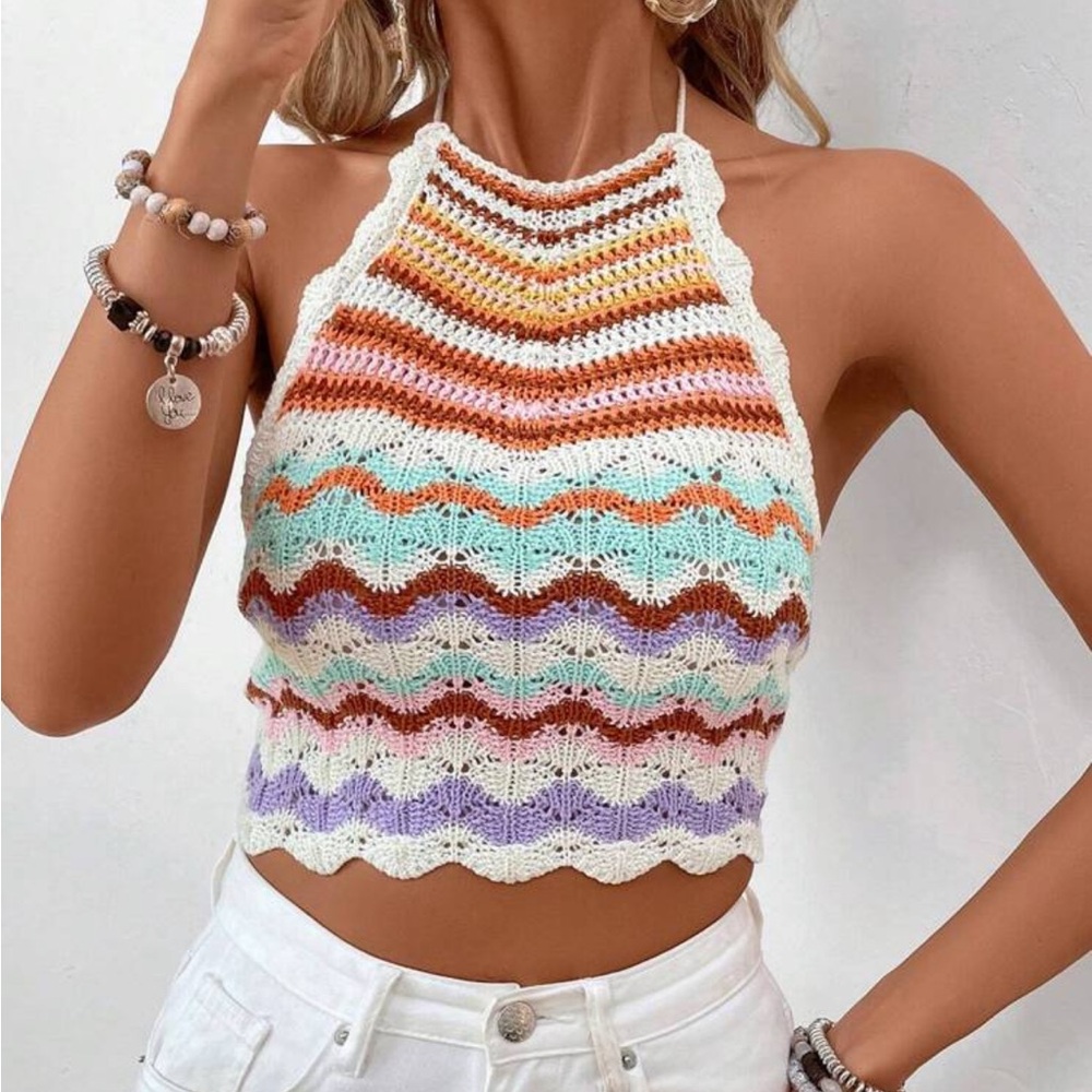 SHEIN Orange and Green Halter Crop Tank Top